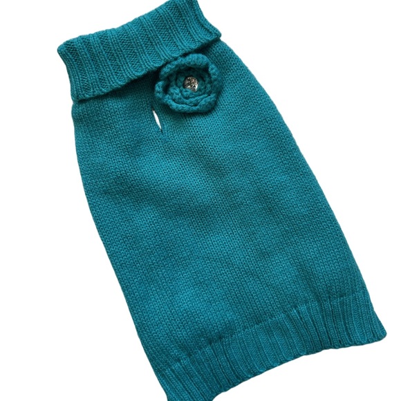 Small Teal Knit Dog Sweater with Flower – Turtleneck, Preowned Pet Lover - Picture 1 of 7